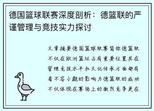 德国篮球联赛深度剖析：德篮联的严谨管理与竞技实力探讨