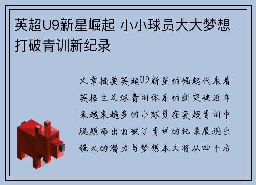 英超U9新星崛起 小小球员大大梦想 打破青训新纪录